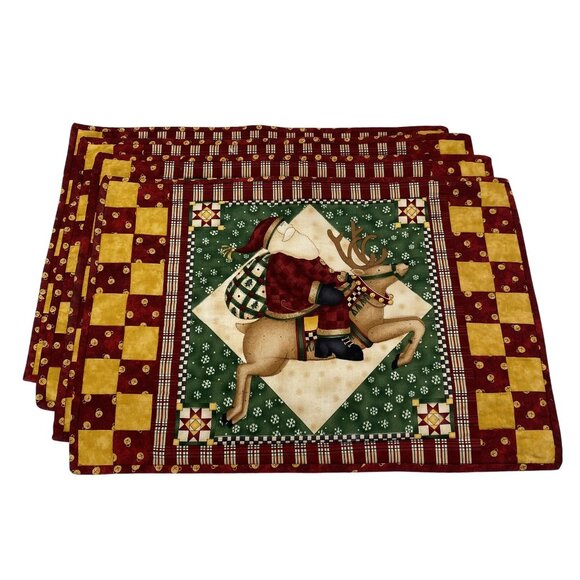Vintage Christmas Placemats Set Of 4 Quilted Santa & Reindeer Design 20"x13" - Picture 1 of 7